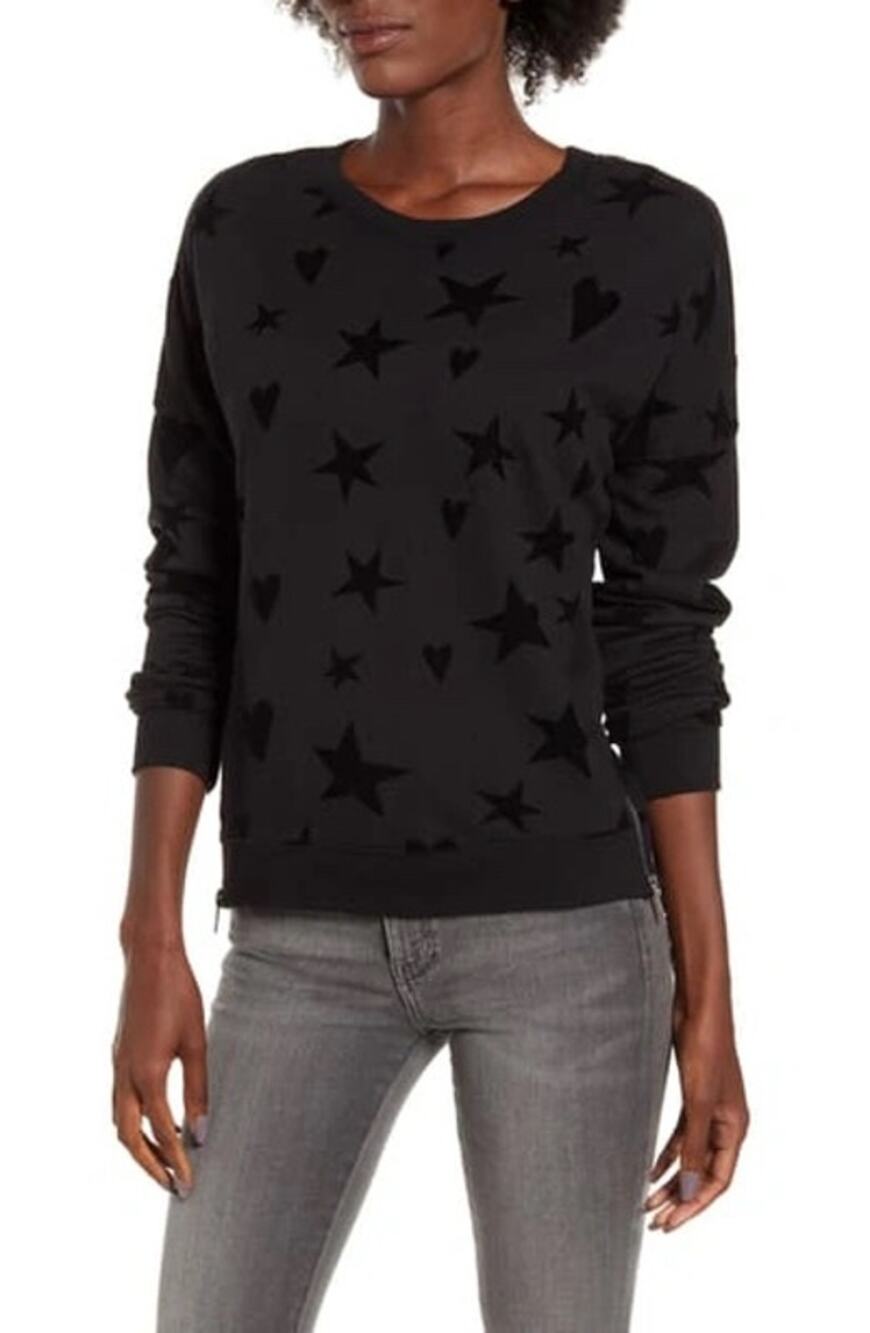 Rails Marlo Black Flocked Hearts & Stars Side Zip Sweatshirt Size Medium